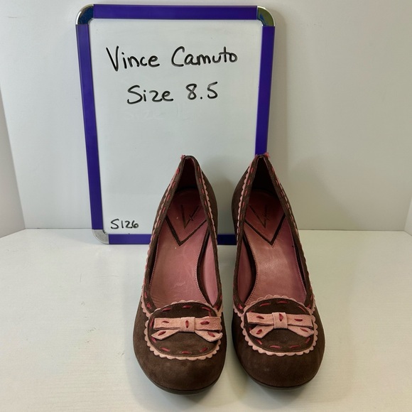 Vince Camuto Chocolate Brown Suede Pink Bow Heels Size 8.5 - Picture 15 of 15